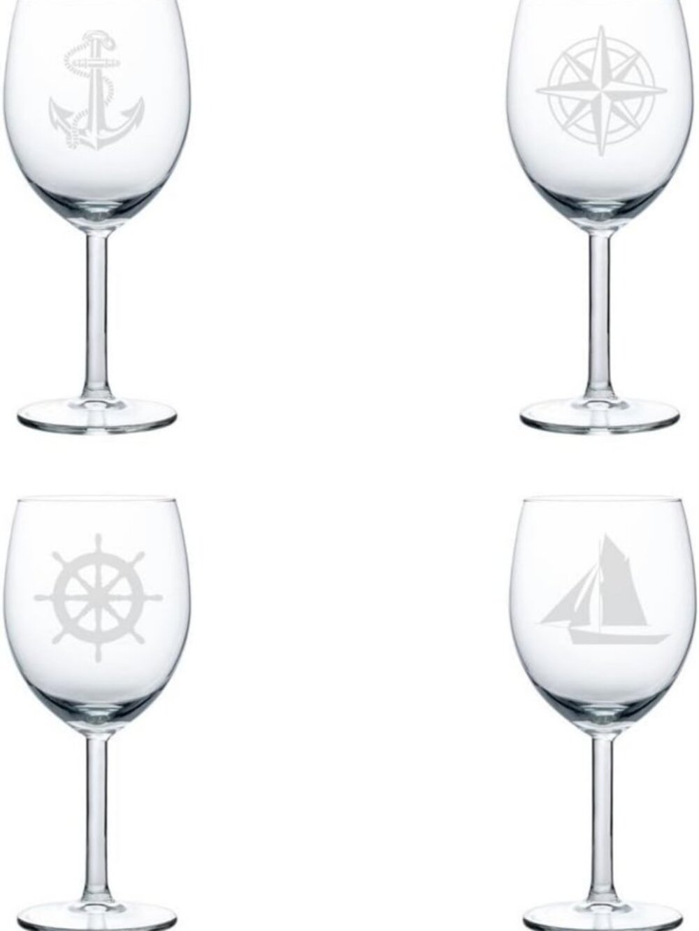 Nautical Wine Glass Set of 4 - Anchor & Compass Design, 10 oz Goblets